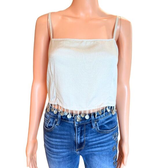 NWT Jason Wu Beige Linen Blend Beaded Shells Crop Top - Picture 1 of 5